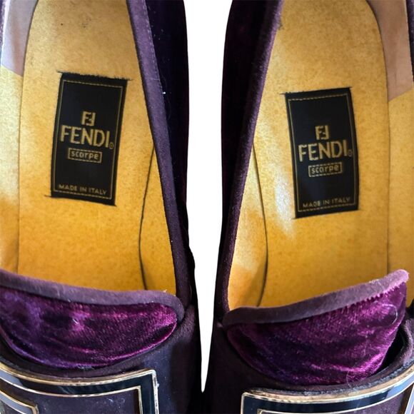 Authentic Fendi Size 36.5 Purple Velvet Heeled Logo Loafers 6.5 - Picture 3 of 9